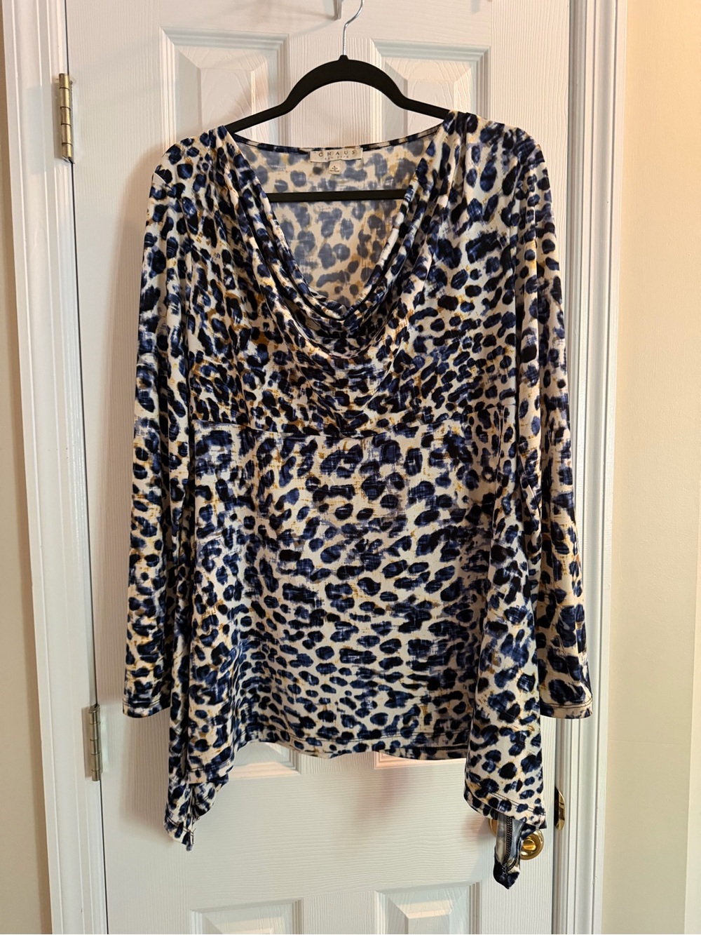 Chaus Navy and White Leopard Cowl Neck Long Sleeve Top